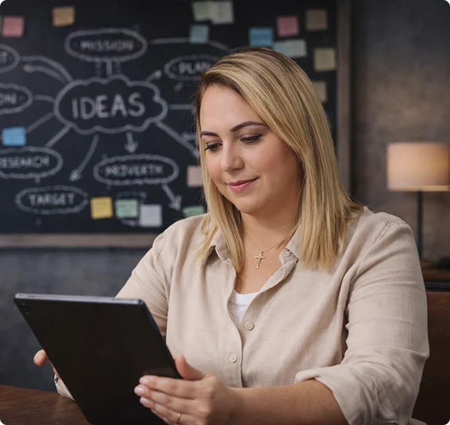 Paula Esteves, vestindo uma camisa bege e um colar de cruz, está sentada a uma mesa de madeira, olhando atentamente para um tablet preto que segura.