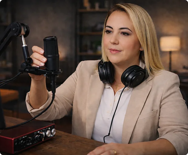 Paula ajustando levemente o microfone